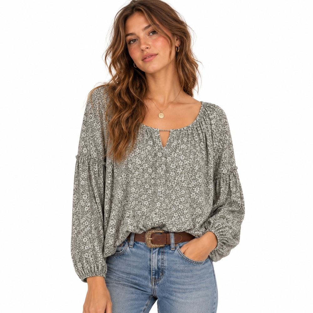 Ces Femme Floral Keyhole Balloon Sleeve Top Beige Boho Cottagecore Peasant Sz L
